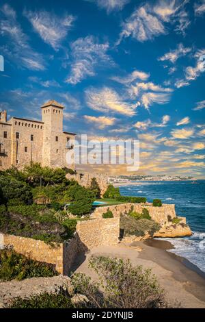 A view of Tamarit Castle and the mediterranean sea in Tarragona, Spain Stock Photo