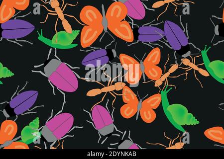 Color Insects Illustration Seamless Pattern on Blue Background Stock Vector