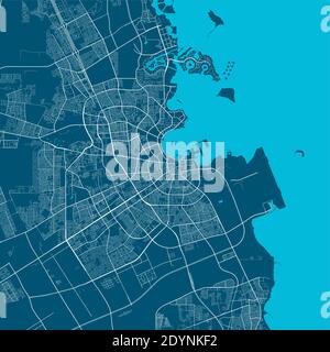 Detailed map of Doha city administrative area. Royalty free vector illustration. Cityscape panorama. Decorative graphic tourist map of Doha territory. Stock Vector