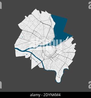 Geneva map. Detailed vector map of Geneva city administrative area. Poster with streets and water on grey background. Stock Vector