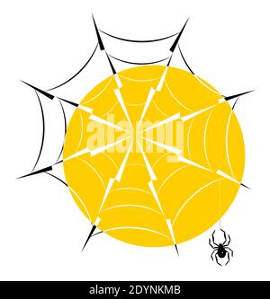 Spider web with hanging spider in the backlight of the sun, silhouette icon eps10 vector illustration. Stock Vector