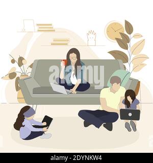 Family spend time with gadgets smartphone laptop or tablet. Together addiction and dependence, watching and using on couch, habit gadget. Vector illus Stock Vector