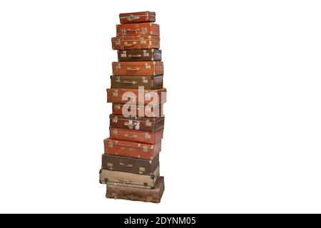 stack of old retro suitcases isolated on white Stock Photo
