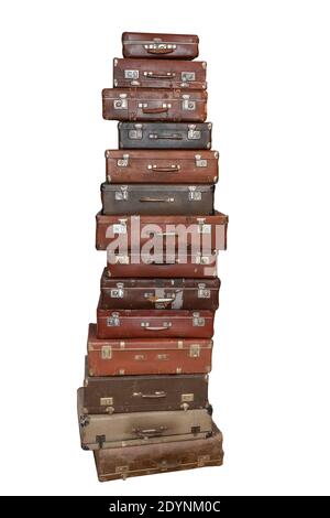 stack of old retro suitcases isolated on white Stock Photo