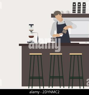 Barista at workplace makes coffee. Vector barista man in restaurant, man works in cafe, cafeteria interior, worker make espresso, worker in coffeehous Stock Vector