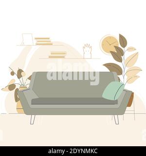 Living room modern interior with sofa , flat cartoon design. Vector living room furniture and wall with shelf and books illustration Stock Vector
