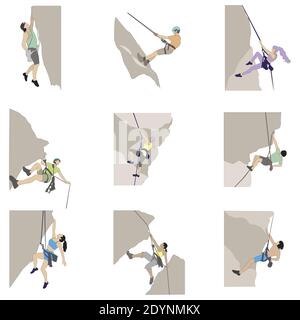 People climbing on rock. Mountain climb rock. Climber hang on cliff, man rise challenge. Extreme sport and activity, human tenacity on rock wall. Vect Stock Vector