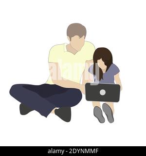 Father and daughter do home work on laptop. Doing homework together family, kid girl dad parent, education during quarantine, tutor learn. Vector illu Stock Vector