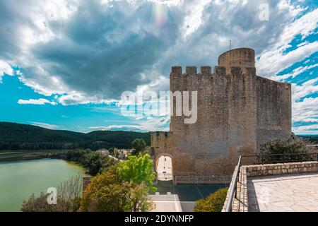 astellet Castle in front of Foix dam near Barcelona, Spain Stock Photo