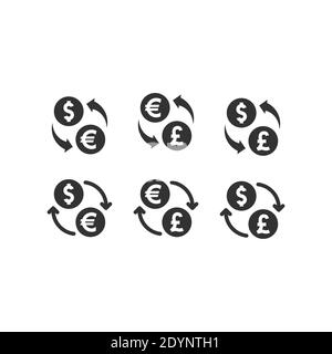 Dollar, euro and pound money exchange icons. Currencies coins with arrows black vector icon set. Stock Vector