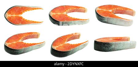 Raw salmon steaks collection on white background. Salmon steak from different sides. High quality photo Stock Photo