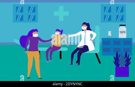 Female doctor pediatrician making vaccination to a child patient in hospital .Coronavirus vaccine and vaccination against covid-19 concept background. Stock Vector