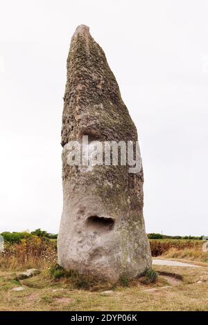 Menhir Cam Louis - megalithic monument in Plouescat in Brittany, France Stock Photo