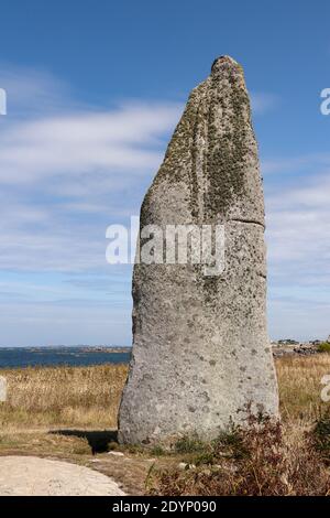 Menhir Cam Louis - megalithic monument in Plouescat in Brittany, France Stock Photo