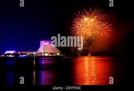 A beautiful firework lighting up the sky in doha Qatar during the national day eve. Stock Photo