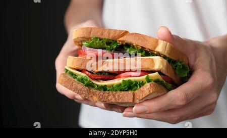 Club sandwich in hands. Holding delicious sandwich with ham, bacon, lettuce, tomatoes and cheese Stock Photo