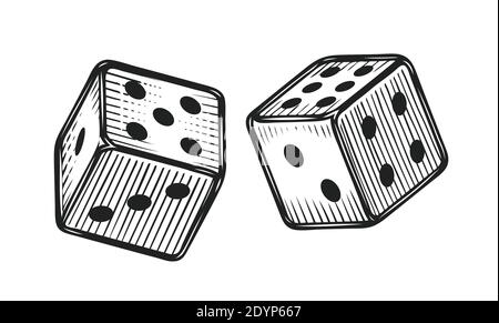 Two white dice. Gambling, game sketch vintage vector illustration Stock Vector