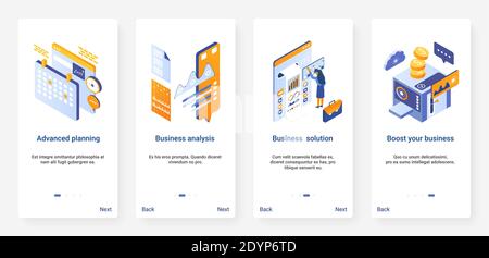 Isometric business data analysis process vector illustration. UX, UI onboarding mobile app page screen set with cartoon 3d digital planning technology, processing, analyzing financial database report Stock Vector