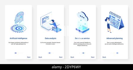 Isometric artificial intelligence digital technology vector illustration. UX, UI onboarding mobile app page screen set with cartoon 3d ai tech database service, advanced planning, cloud data analysis Stock Vector