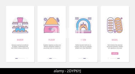 Bakery vector illustration. UX, UI onboarding mobile app page screen set with line baker chef character, bag of wheat flour, oven for baking bread, french bagel baguette and loaf snack food products Stock Vector