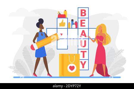 Beauty crossword vector illustration. Cartoon beautiful woman characters in dresses standing next to crossword puzzle with beauty word, fashion cosmetics accessories, makeup items isolated on white Stock Vector