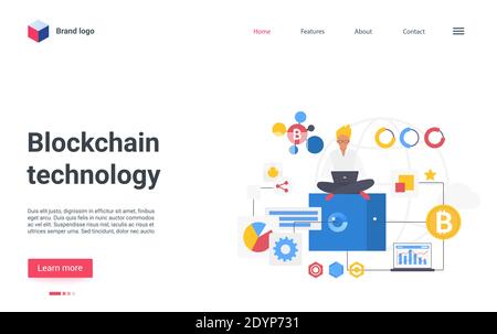 Blockchain technology isometric landing page design, cartoon flat fintech cryptocurrency mining process, people mine bitcoin coins on digital farm, making money crypto currency vector illustration Stock Vector