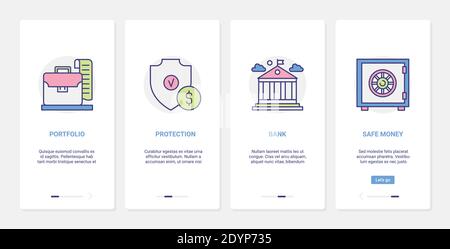 Bank safety, finance money protection vector illustration. UX, UI onboarding mobile app page screen set with line safe deposit box to protect deposits savings investment, financial banking services Stock Vector