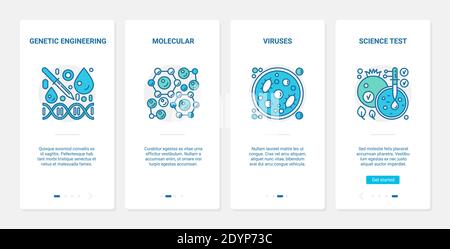 Microbiology, genetic engineering vector illustration. UX, UI onboarding mobile app page screen scientific set with line science experiment test researching viruses, virology and molecular research Stock Vector