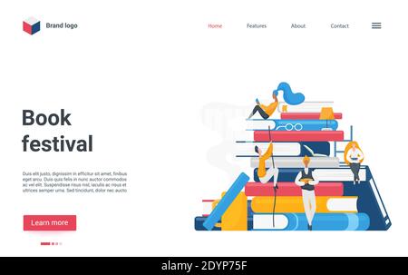 Book festival or fair landing page design, cartoon flat reader people reading books, literature fan characters loving to read, sitting and standing on stack of books from bookstore vector illustration Stock Vector