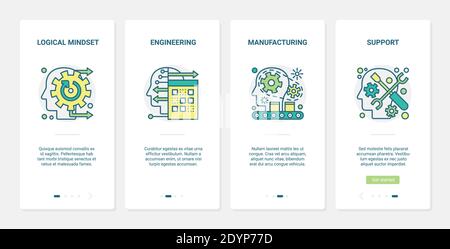 Mind brain technology vector illustration. UX, UI onboarding mobile app page screen set with line logical thinking brainstorm symbols, manufacturing engineering and support mental smart processes Stock Vector