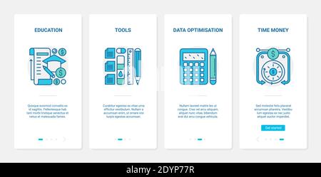 Business data analytics, optimization of finance investment vector illustration. UX, UI onboarding mobile app page screen set with line financial education tools, money cash and investing symbols Stock Vector