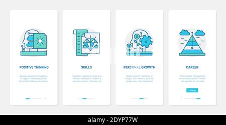 Positive thinking, personal career growth vector illustration. UX, UI onboarding mobile app page screen set with line processing leader human brain, diamond expert skill symbol, leadership development Stock Vector