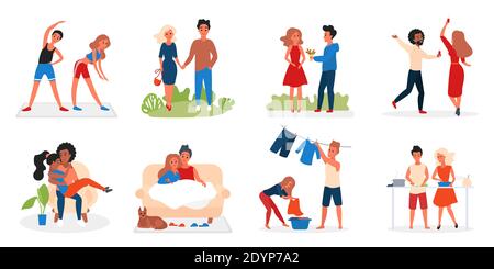 Couple people spend time together vector illustration. Cartoon man woman lover characters hugging walking dancing dating cooking food and doing sport exercise, love and relationships isolated on white Stock Vector
