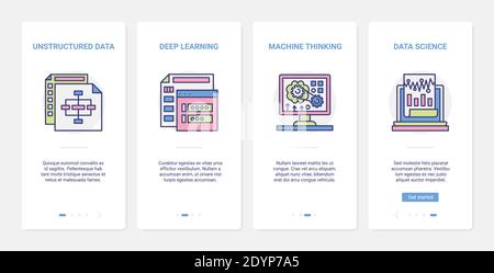 Data science learning, machine thinking technology vector illustration. UX, UI onboarding mobile app page screen set with line digital unstructured data symbols, computing connection database service Stock Vector