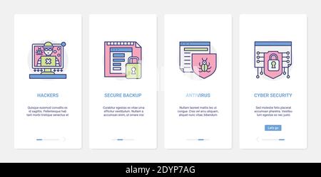 Hacker antivirus protection, cyber security technology vector illustration. UX, UI onboarding mobile app page screen set with tech line protective measures against hacking attack, secure backup Stock Vector