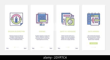 Data cloud storage, coding and mining technology vector illustration. UX, UI onboarding mobile app page screen set with tech line design of code, database development, machine algorithm analysis Stock Vector