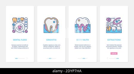 Dental care medical technology vector illustration. UX, UI onboarding mobile app page screen set with line odontology medicine symbols, dental floss, gingivitis disease reasons for tooth extraction Stock Vector