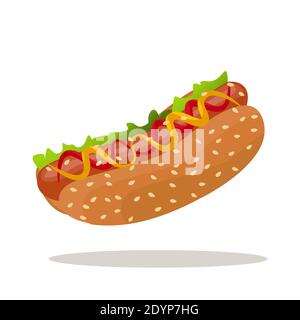 Tasty hot dog with lettuce, ketchup and mustard toppings vector eps.10 Stock Vector