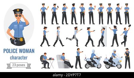 Police officer woman poses vector illustration set. Cartoon young female worker character working in different poses, gestures and actions, posing with phone, gun, police motorcycle isolated on white Stock Vector