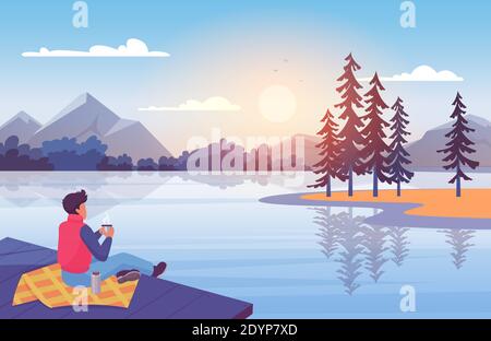 Enjoy nature at sunset vector illustration. Cartoon young man character sitting on wooden pier, enjoying natural outdoor landscape, blue lake, island with pine trees, mountains and sun above horizon Stock Vector