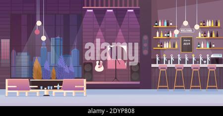 Restaurant interior vector illustration. Cartoon flat empty modern restaurant or night club cafe with stage for live music performance, table chairs and beer drinking menu under bar counter background Stock Vector