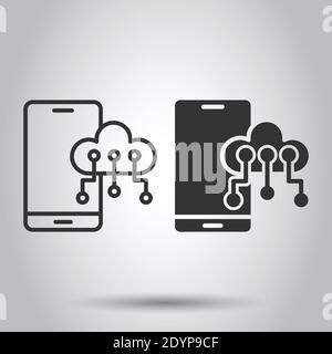Smartphone with cloud icon in flat style. Phone network storage vector illustration on white isolated background. Online backup business concept. Stock Vector