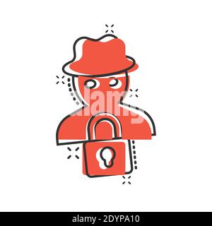 Fraud hacker icon in comic style. Spy cartoon vector illustration on isolated background. Cyber defend splash effect business concept. Stock Vector