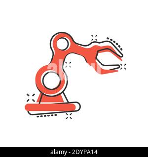 Robot arm icon in comic style. Mechanic manipulator cartoon vector illustration on white isolated background. Machine splash effect business concept. Stock Vector