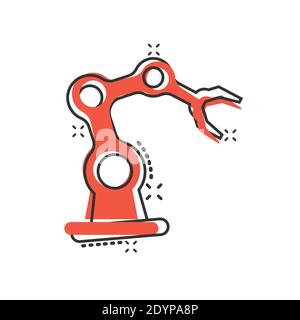 Robot arm icon in comic style. Mechanic manipulator cartoon vector illustration on white isolated background. Machine splash effect business concept. Stock Vector