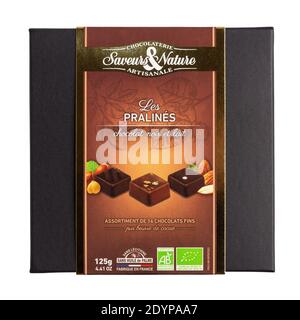 Saveurs et Nature box of praline organic chocolates isolated on white. Does not contain soy lecithin and palm oil. Stock Photo