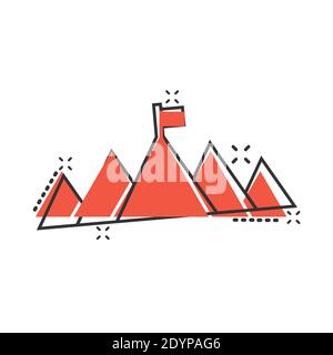 Mission champion icon in comic style. Mountain cartoon vector illustration on white isolated background. Leadership splash effect business concept. Stock Vector