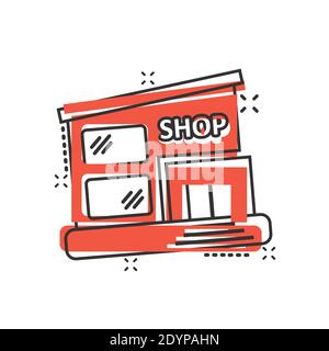 Mall icon in comic style. Store cartoon vector illustration on white isolated background. Shop splash effect business concept. Stock Vector