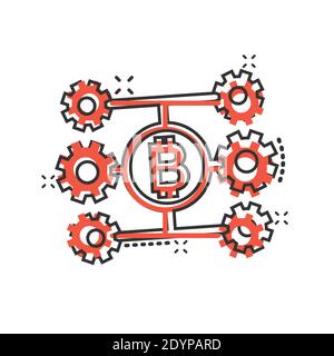 Bitcoin icon in comic style. Blockchain cartoon vector illustration on white isolated background. Cryptocurrency splash effect business concept. Stock Vector