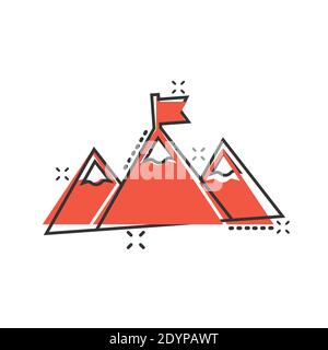 Mission champion icon in comic style. Mountain cartoon vector illustration on white isolated background. Leadership splash effect business concept. Stock Vector